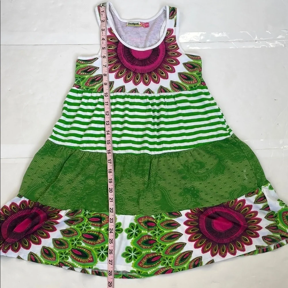 Desigual Girls Cotton Dress with Green and Pink Patterns 11/12
